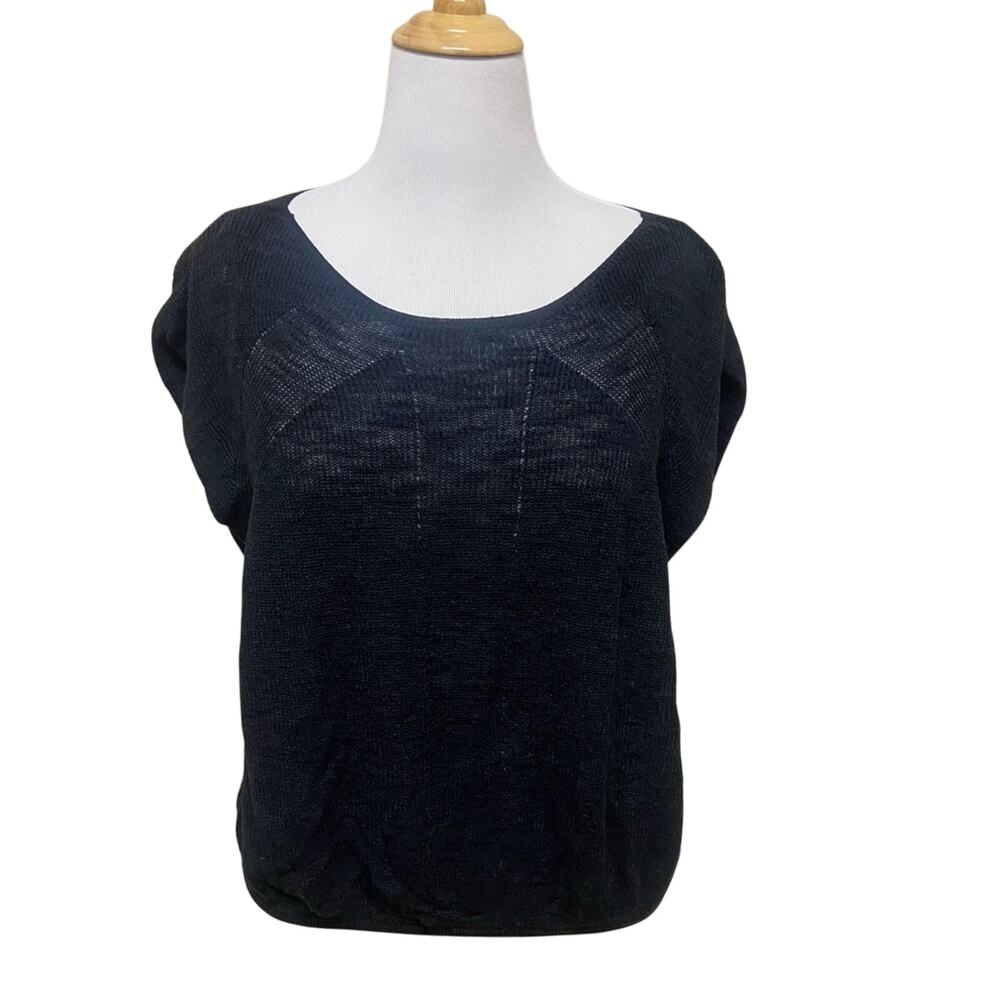 Maeve by Anthropologie Black Cap Sleeve, Linen Blend,  Large Knit Sweater Top